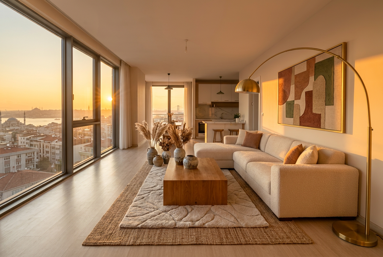 Arma Residence dairesi — mobilyalı salon ve mini mutfak
